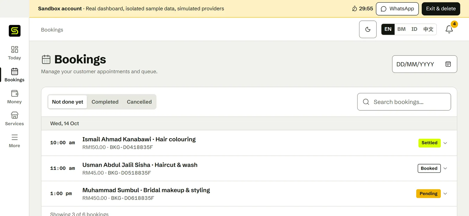 The owner’s Bookings page in the SiniSlot dashboard: Wednesday 14 October with three appointments, each showing the time, customer, service, price and a status such as Settled, Booked or Pending.