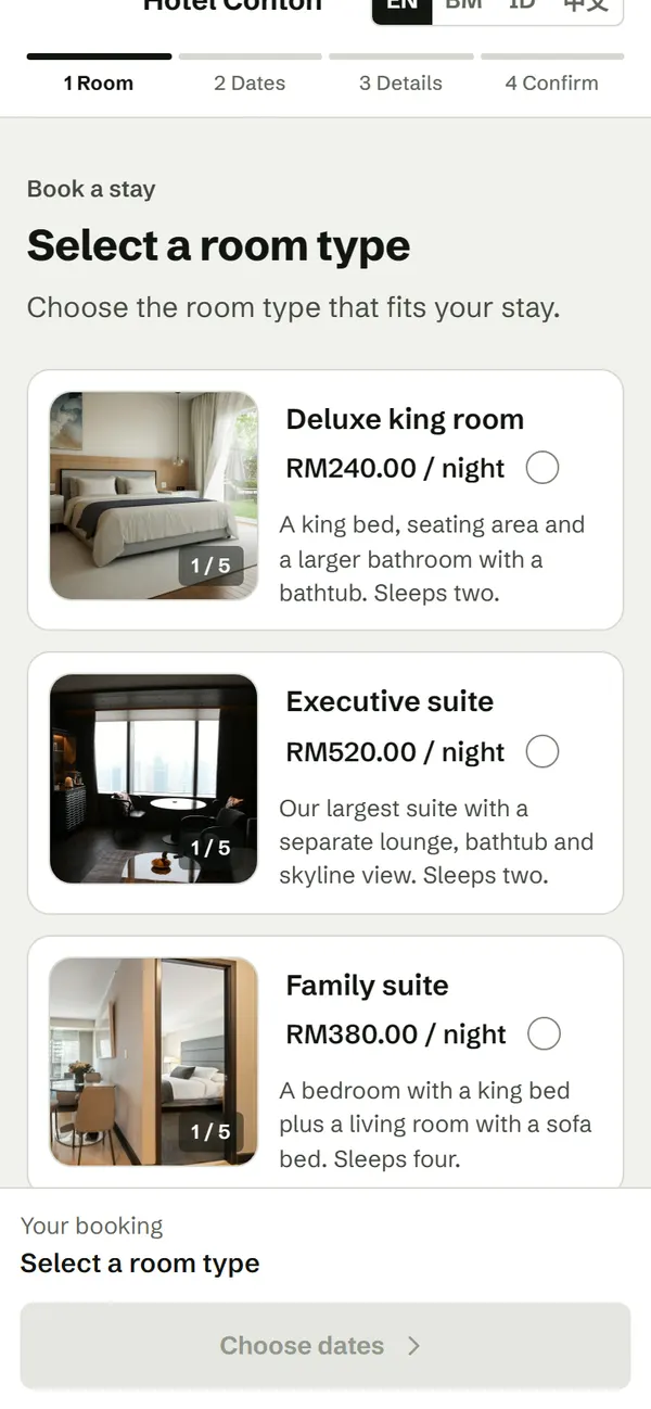 Room booking page on a phone: room types with photos and nightly prices, such as Deluxe king room RM240 a night, Executive suite RM520 a night and Family suite RM380 a night.